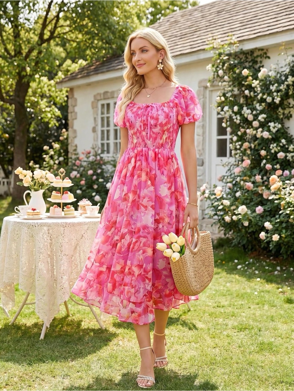 NWT Pink Floral Puff-Sleeve Dres-S - Picture 7 of 17